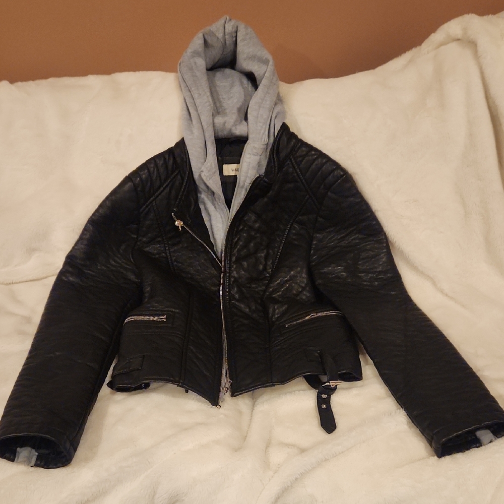 Wildflowers Black Quilted Faux-Leather Jacket with Gray Detachable Hood